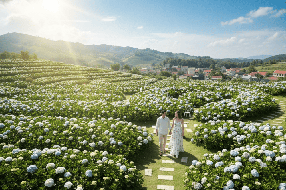 Cặp đôi nắm tay nhau giữa vườn hoa thơ mộng, xinh đẹp.